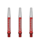 Three red anodized aluminum DW Top Spin V2 Shafts for darts with silver tops and free-spinning design