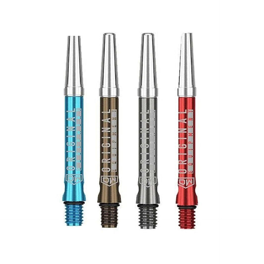 Set of DW Top Spin V2 Shafts in blue, bronze, silver, and red anodized aluminum for durable dart performance and improved accuracy.