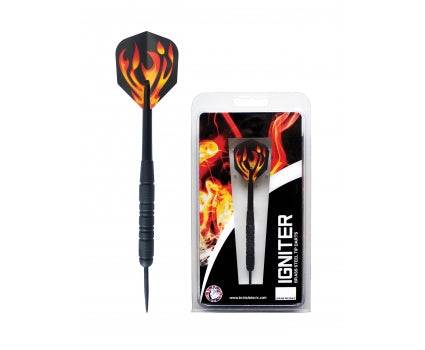 Igniter Black Brass Darts with black coated brass barrels, holographic flame flights, and black nylon shafts in packaging