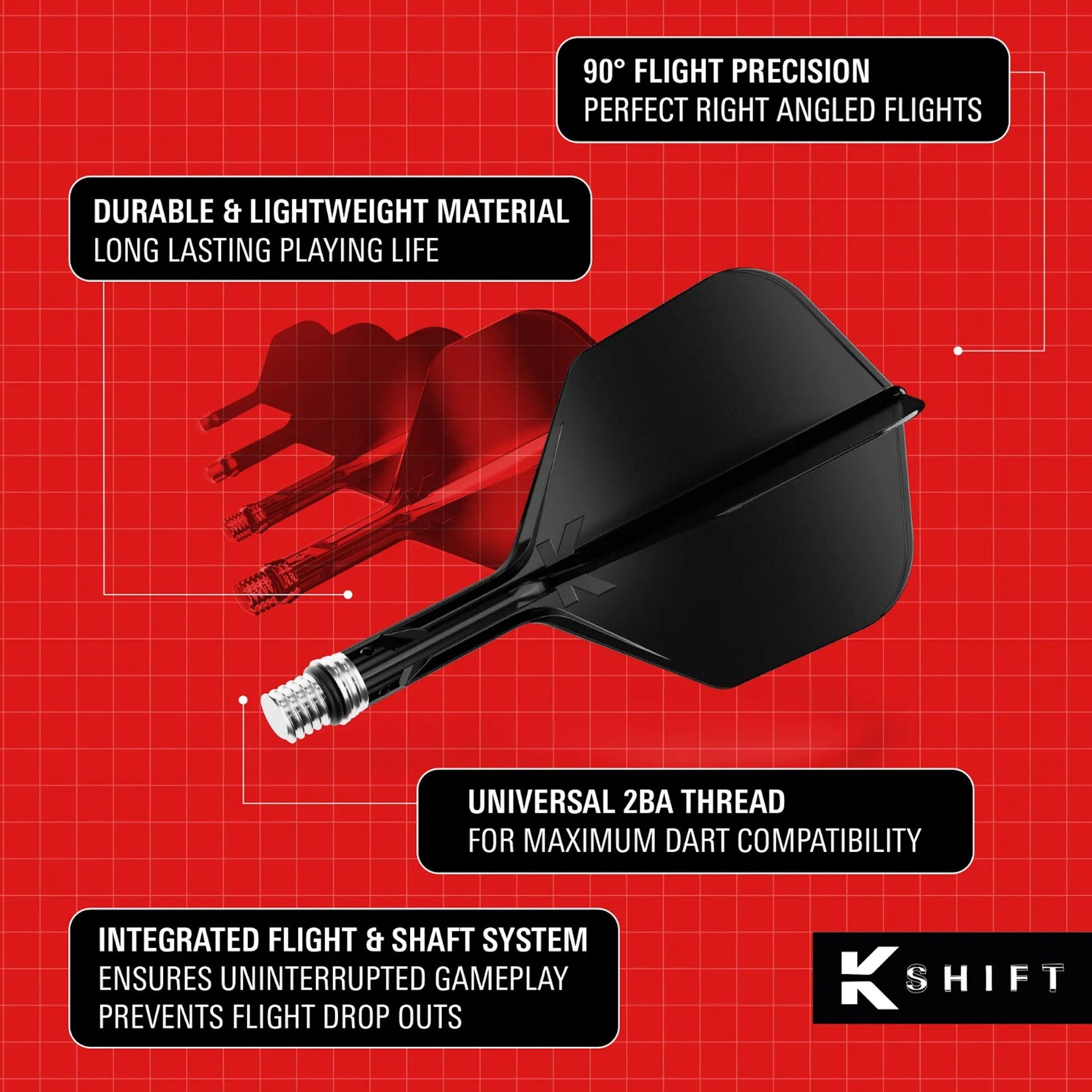 K-Shift No.6 Flight & Shaft Black system with features on a red grid background, K Shift brand visible