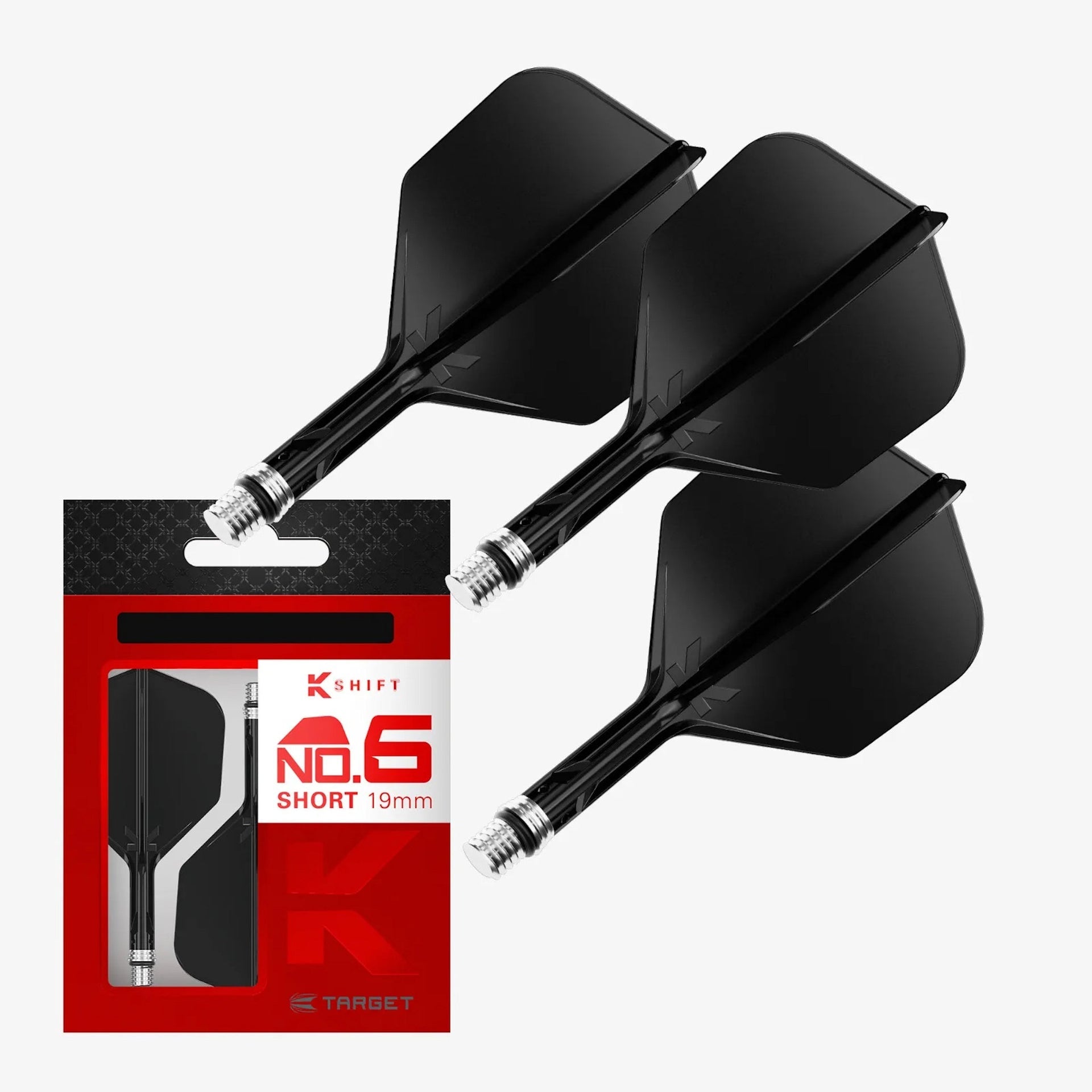 K-Shift No.6 Flight & Shaft Black sytem with packaging on a white background