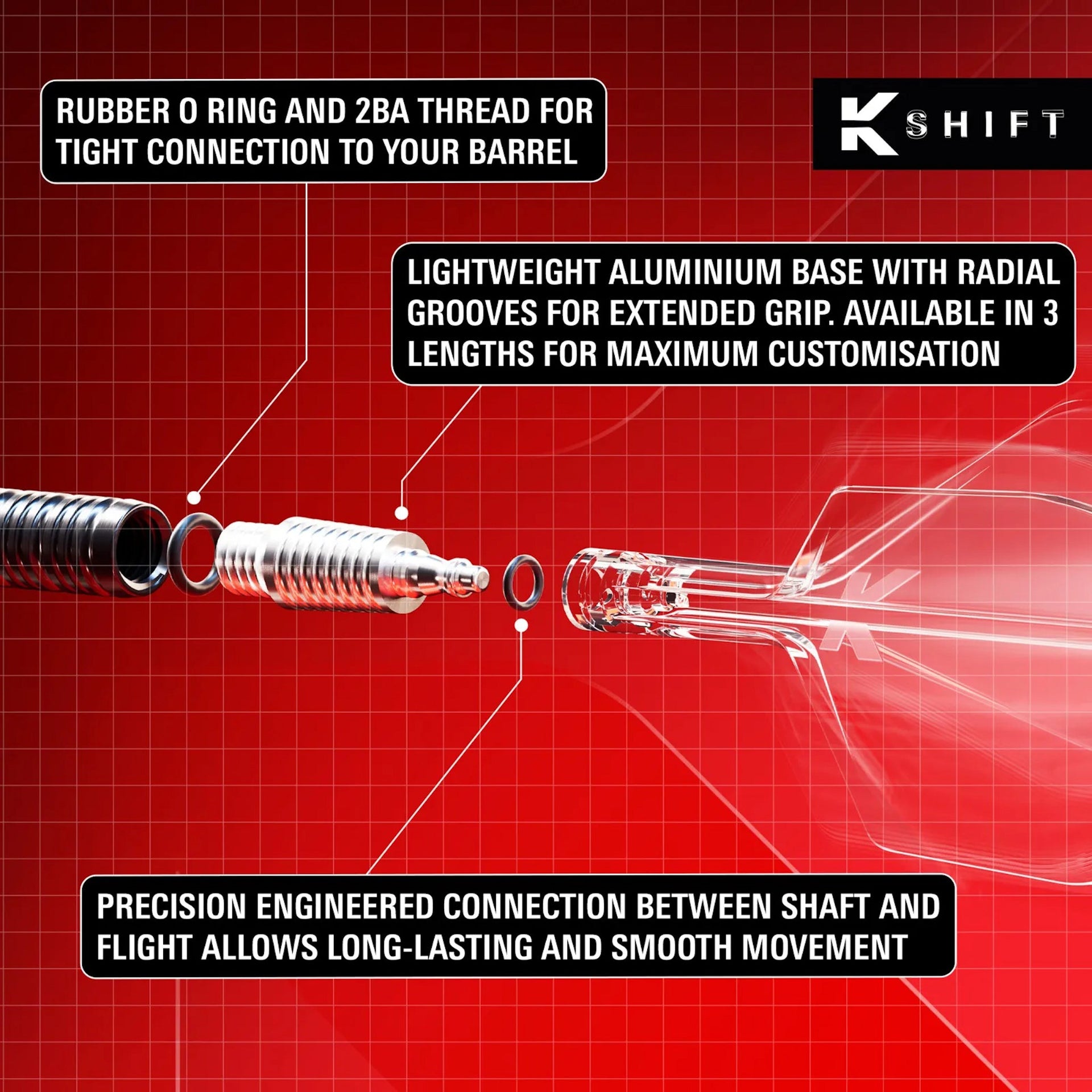 Technical diagram of the K-Shift No.6 Flight & Shaft system component with text on a red grid background, featuring the K Shift brand.