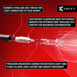 Technical diagram of the K-Shift No.6 Flight & Shaft system component with text on a red grid background, featuring the K Shift brand.
