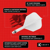 White dart flights with K Shift branding on a red grid background