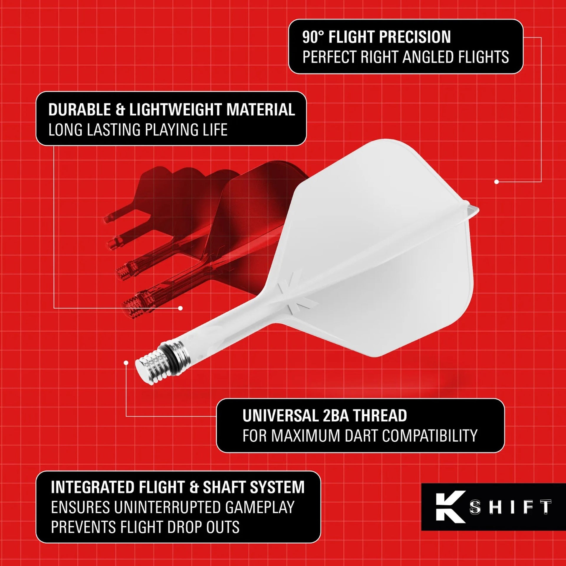 White dart flights with K Shift branding on a red grid background