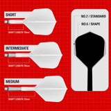 Illustrations of different lengths of darts on a red grid background