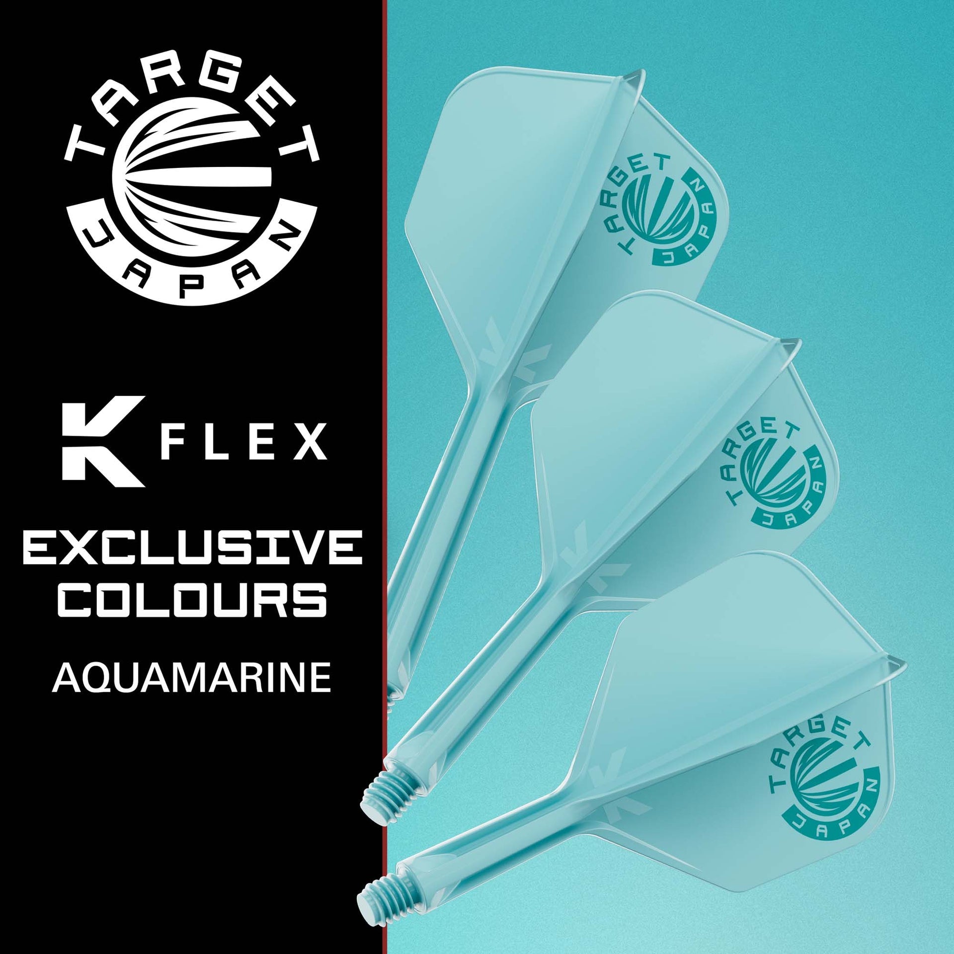Three aquamarine K-Flex No.6 Flight & Shaft  with Target Japan branding on a black and blue gradient background.