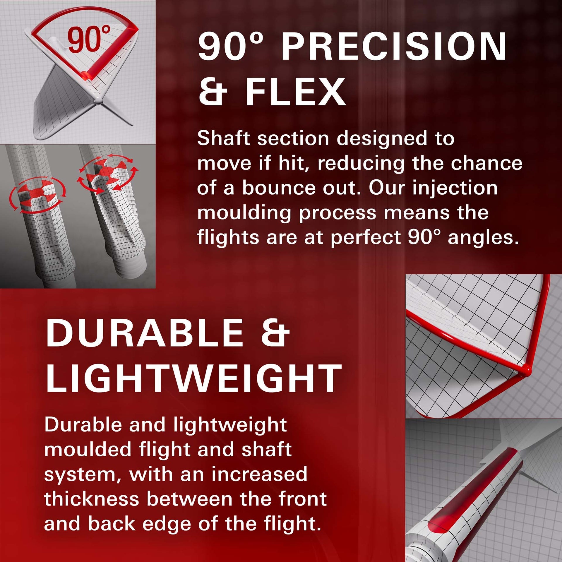 Product advertisement highlighting 90-degree precision, durability, and lightweight design with text and images of a shaft and flight.