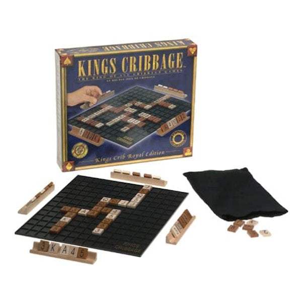 Kings Cribbage board game with tiles, racks, and black tile bag for strategic gameplay