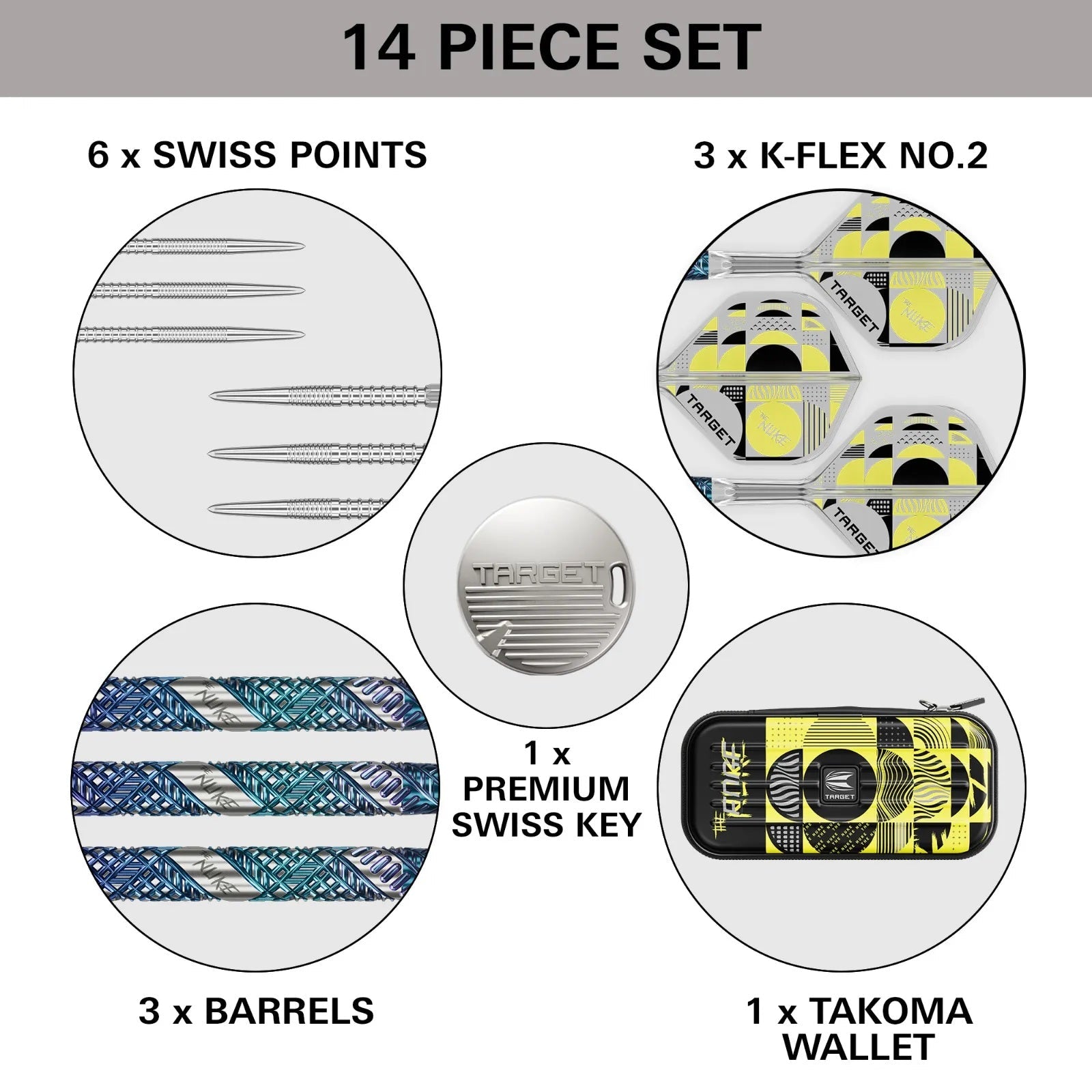 14-piece set with various components including Swiss points, K-Flex No.2, barrels, a premium Swiss key, and a Takoma wallet.