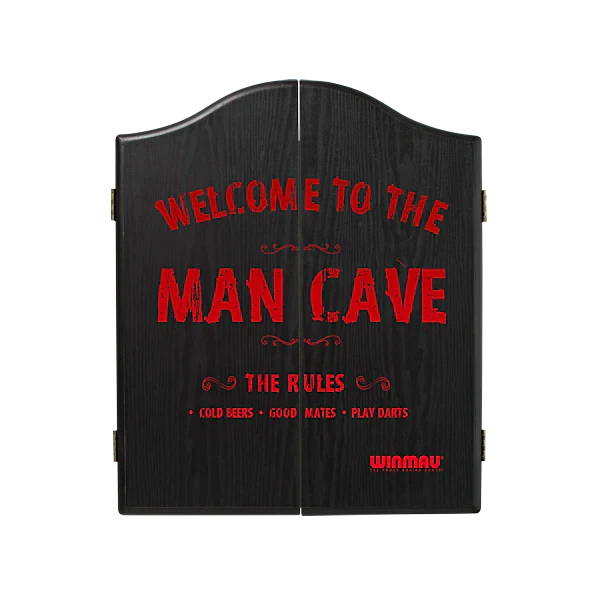 Winmau Man Cave Cabinet black veneer dartboard cabinet with red lettering and magnetic closure