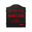 Winmau Man Cave Cabinet black veneer dartboard cabinet with red lettering and magnetic closure