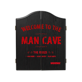 Winmau Man Cave Cabinet black veneer dartboard cabinet with red lettering and magnetic closure