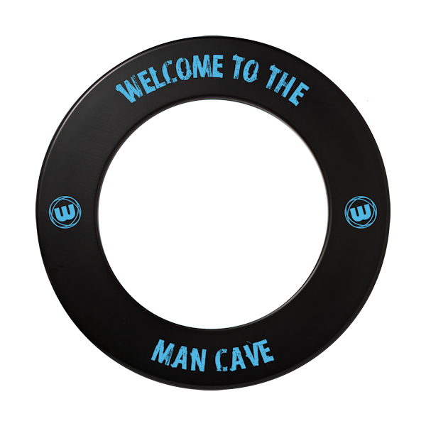 Winmau Man Cave Surround dartboard protector with black and blue design, 43.6cm inner diameter, 67.5cm outer diameter.