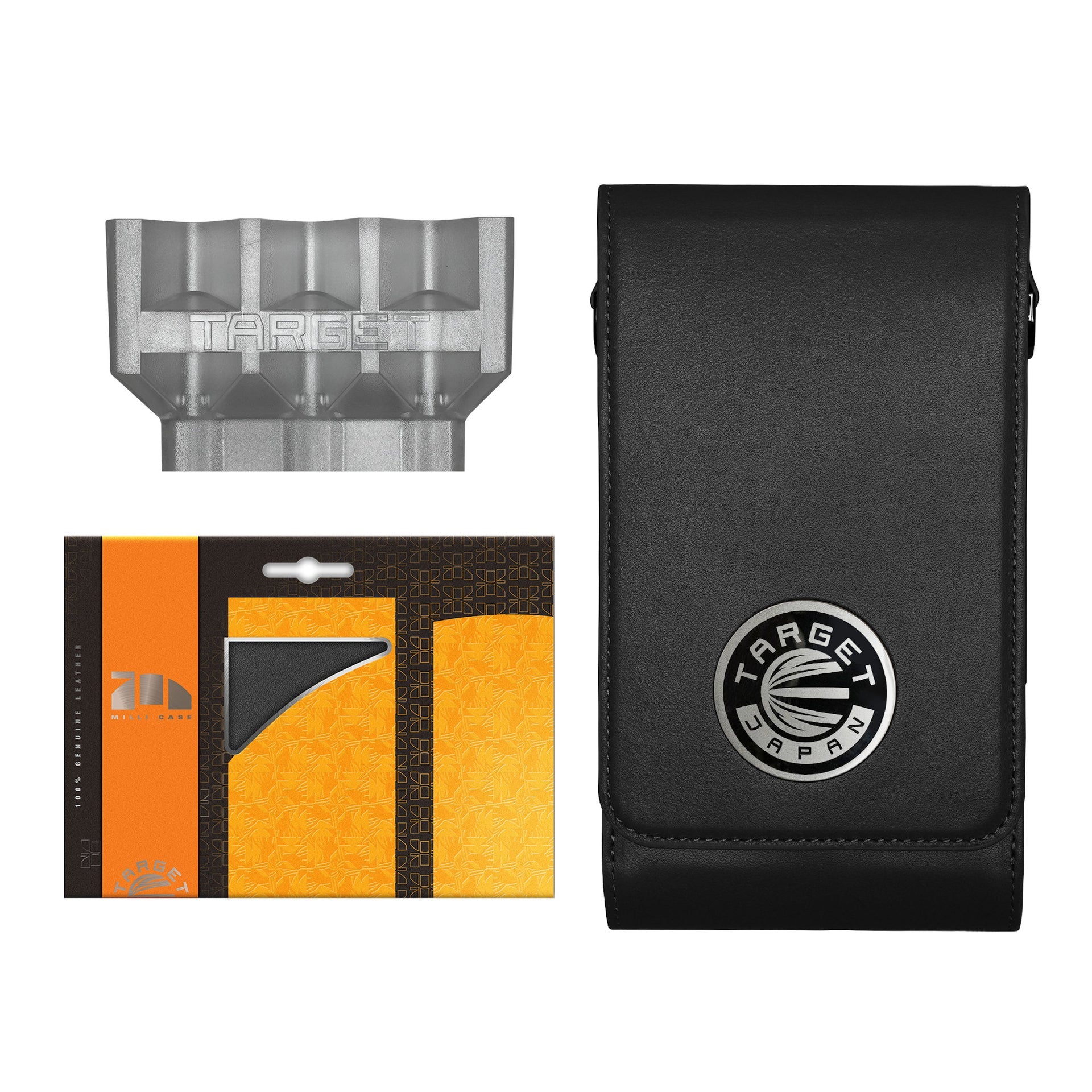 Collection of Target Japan Milli Black Dart Case including a black pouch, orange and black packaging, and a flight holder on a white background.