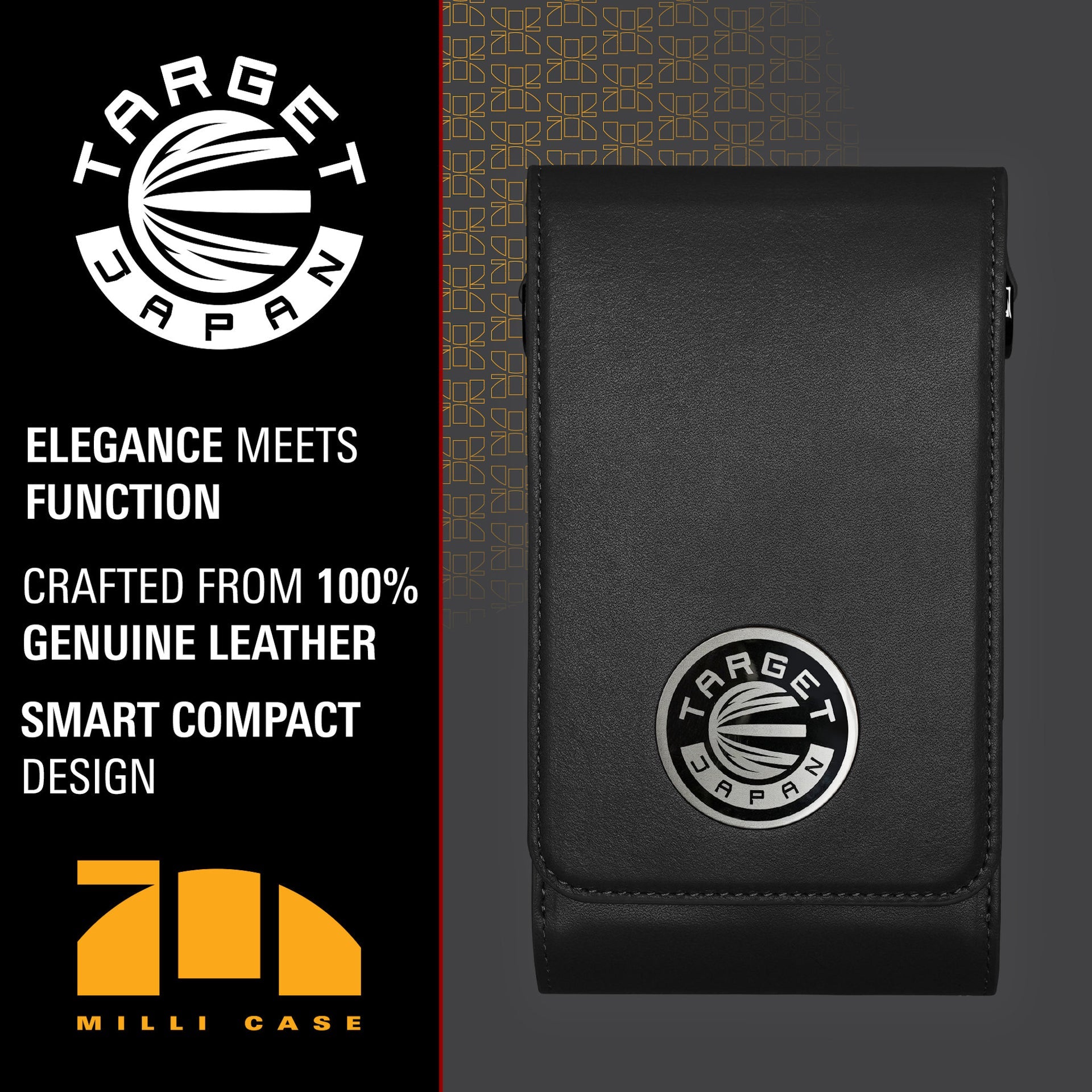 Black leather case with Target Japan logo on a gray background