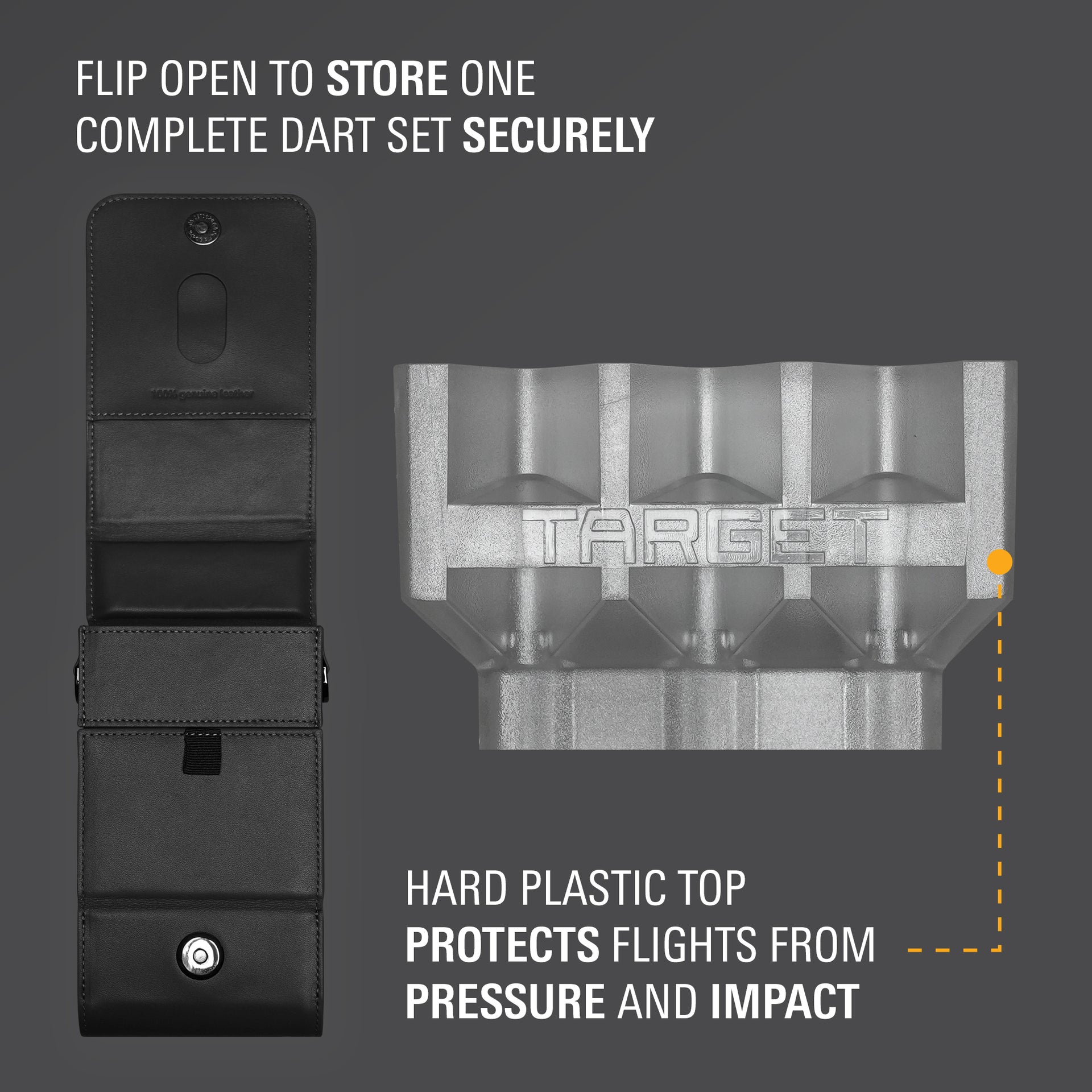 Black dart case with a clear plastic top on a gray background, featuring text about storing darts securely.