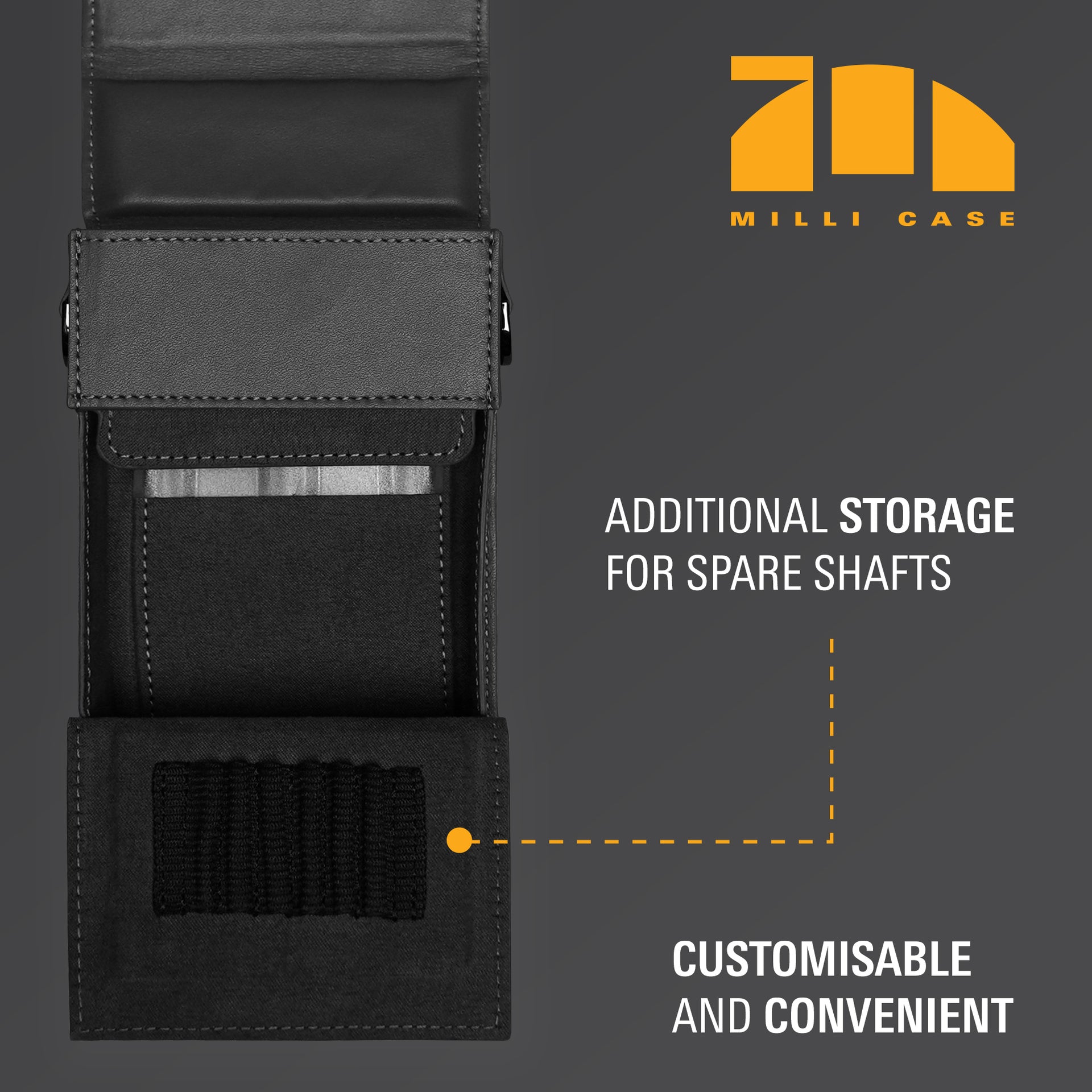 Black case with additional storage for spare shafts on a gray background, featuring the Milli Case logo.