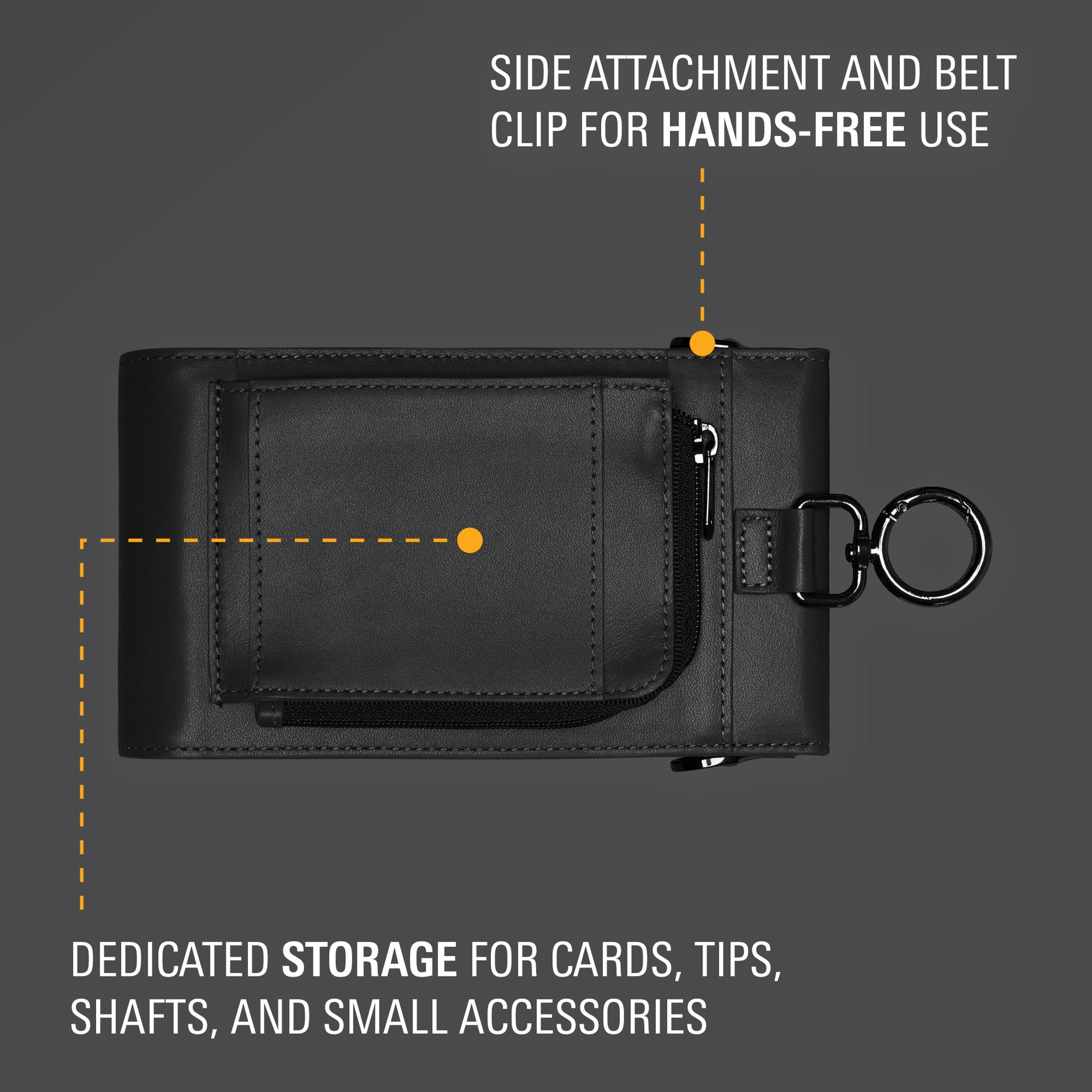 Black leather wallet with side attachment and belt clip on a gray background