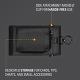 Black leather wallet with side attachment and belt clip on a gray background