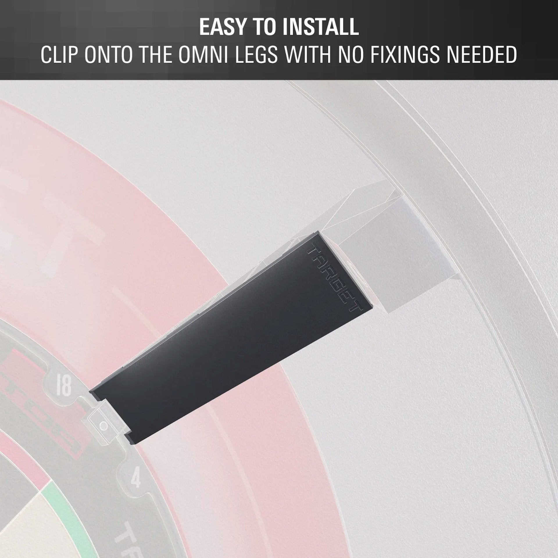 Black clip being shown on a white background with text indicating it's easy to install onto Omni legs.