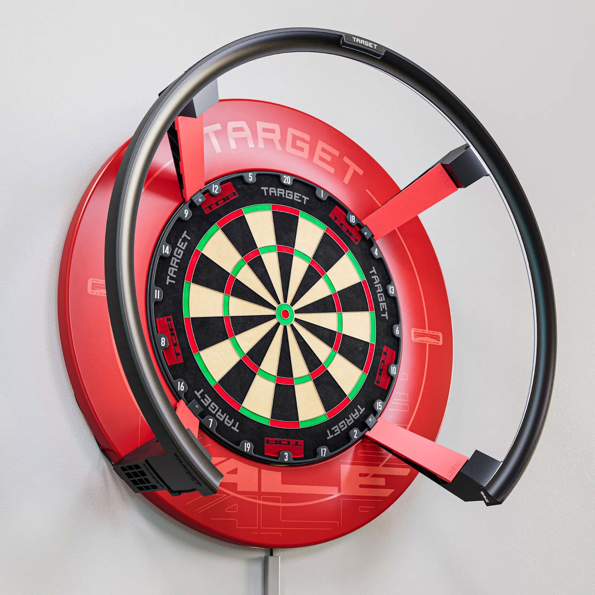 Red and black dartboard with 'Target' branding on a white background