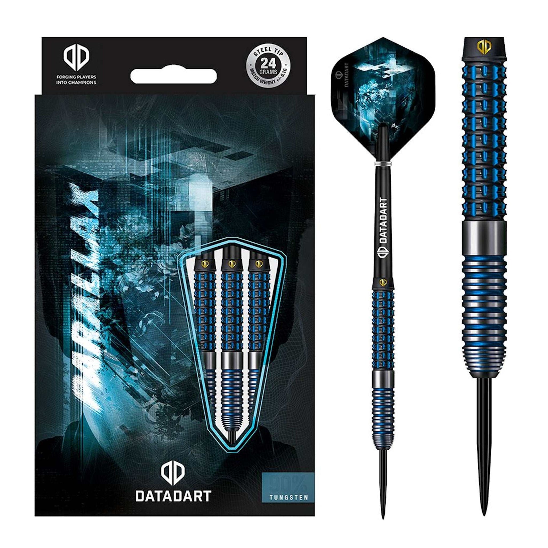 Datadart Parallax tungsten darts with radial cuts, black PVD coating, blue electro infills, and signature flights and stems