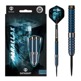 Datadart Parallax tungsten darts with radial cuts, black PVD coating, blue electro infills, and signature flights and stems