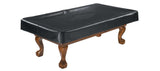Black Brunswick pool table cover made of man-made leather with embossed logo, available in multiple sizes for 7 to 9-foot tables.