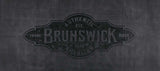 Black Brunswick pool table cover made of man-made leather with embossed logo, available in multiple sizes for 7, 8, and 9-foot tables.