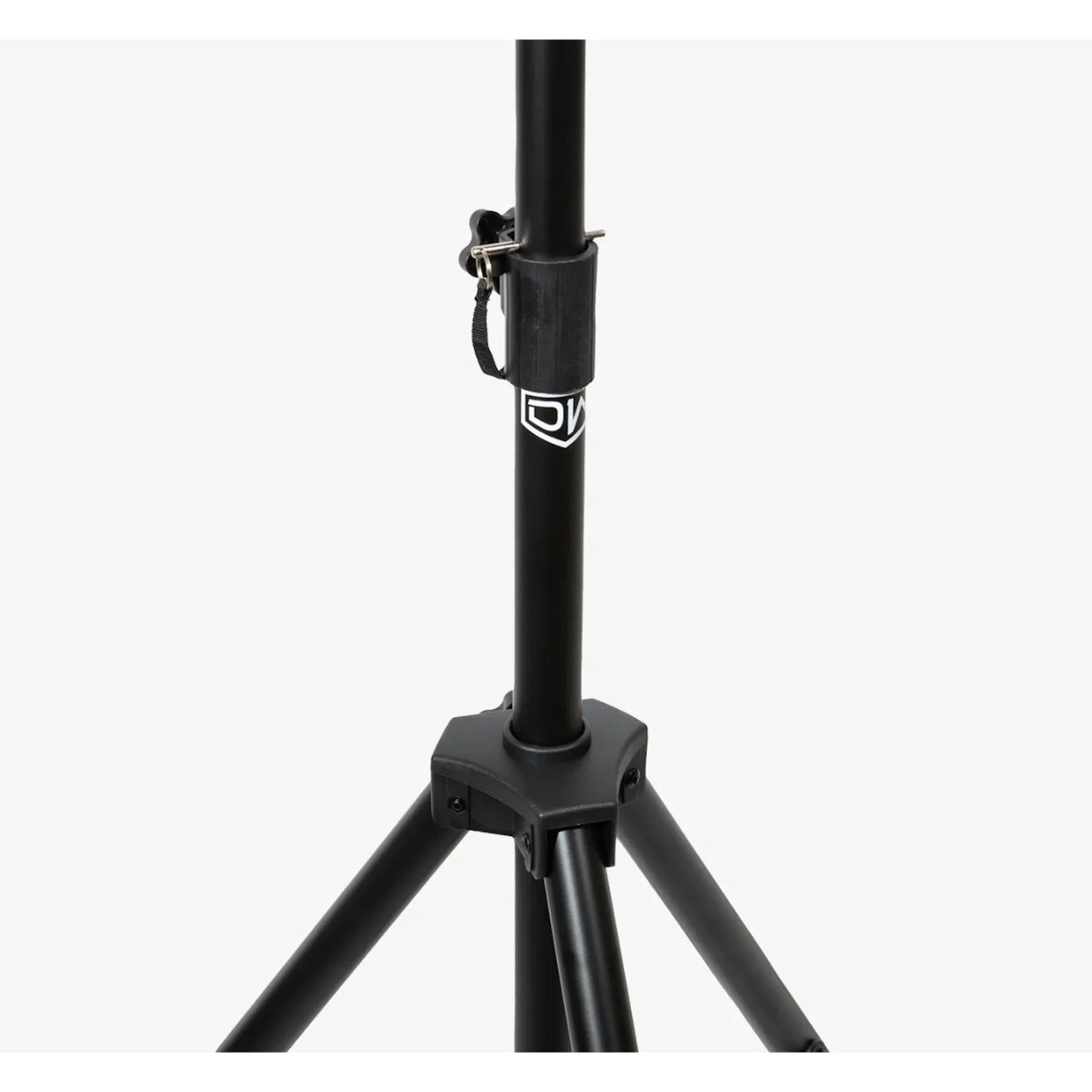 Close-up of Powerplay Portable Dartboard Stand with a central column, adjustment clamp, and a small white logo on a light gray background.