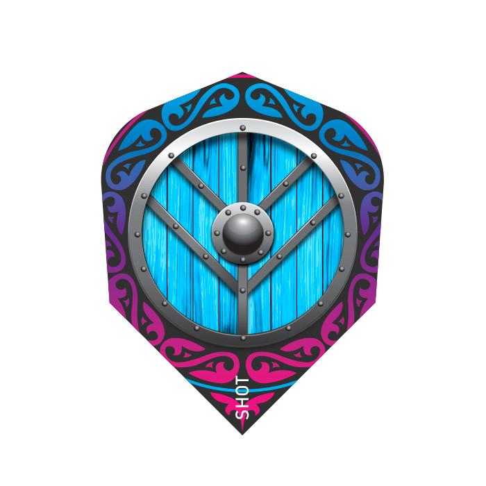 Shot Flights dart flight with blue wooden shield design and decorative purple and black border for stability and maximum lift