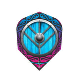 Shot Flights dart flight with blue wooden shield design and decorative purple and black border for stability and maximum lift