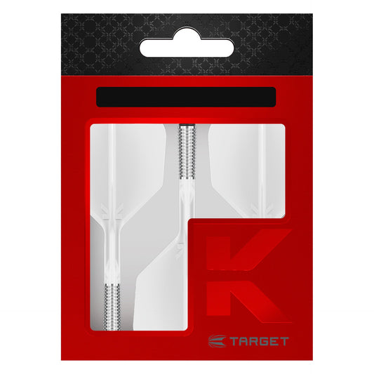 Red packaging with a clear window displaying K-Shift No.6 Flight & Shaft White, featuring the Target brand.