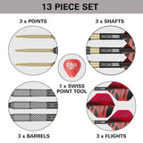 13-piece dart set with points, shafts, barrels, flights, and a Swiss point tool on a white background.