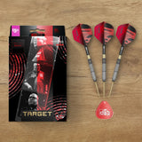 Dart packaging with three darts and a dart tip on a wooden surface