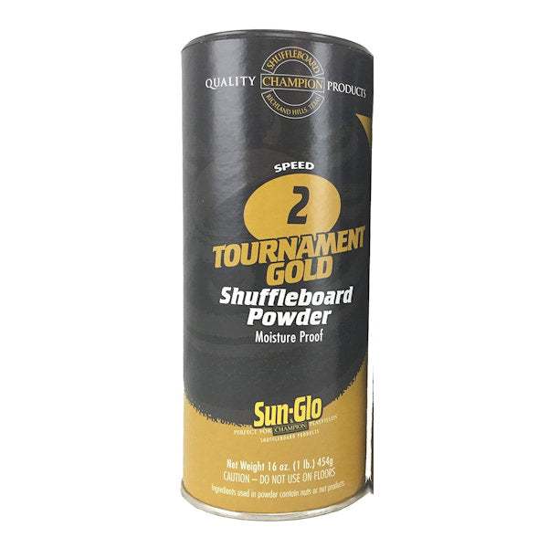 Sun-Glo Shuffleboard Wax Speed #2 Tournament Gold moisture-proof shuffleboard powder in black and gold canister