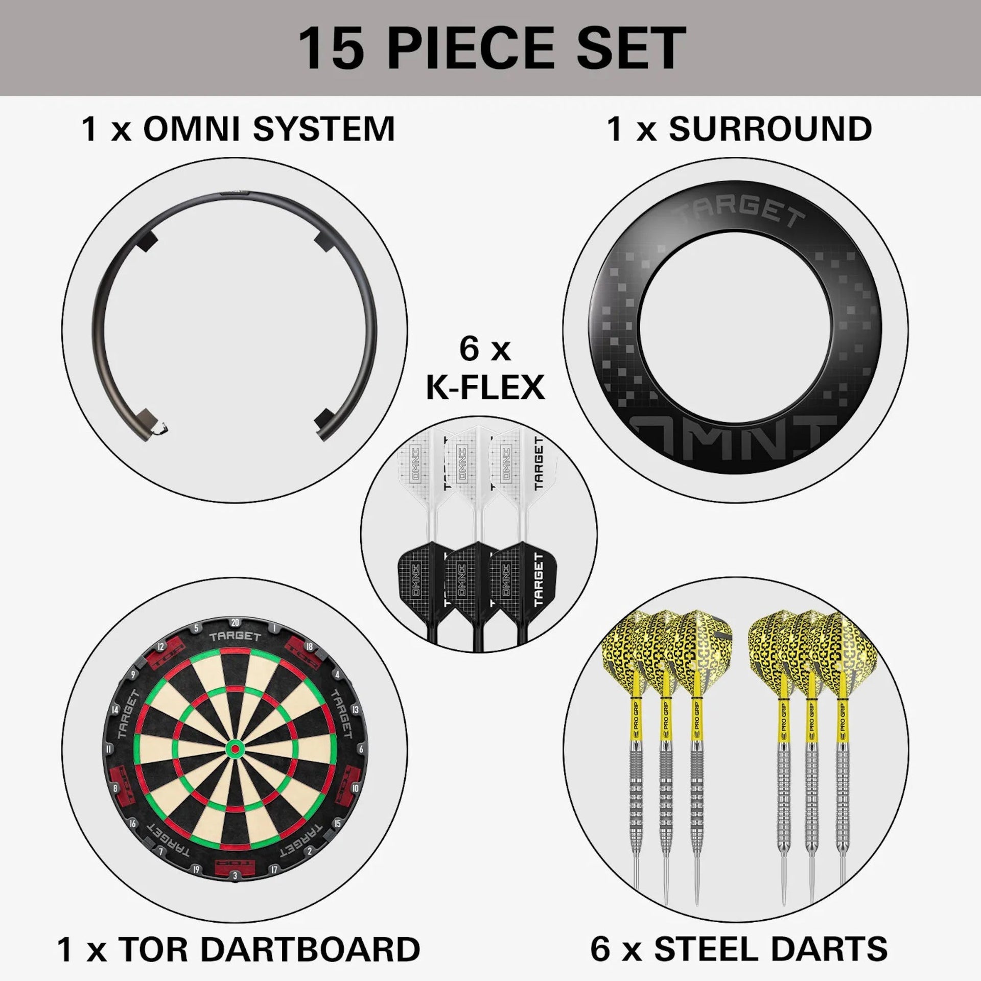 15-piece dart set with components including a dartboard, darts, and accessories on a white background.