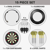 15-piece dart set with components including a dartboard, darts, and accessories on a white background.