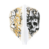 Two white paddle handles with skull and card design on a white background